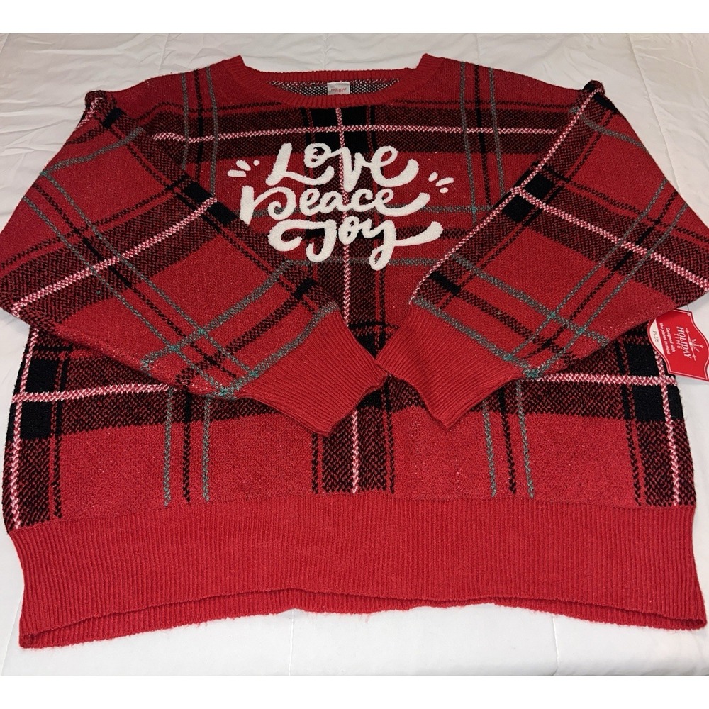 NWT Peace Love Joy Womens Red Plaid Holiday Christmas Knit Pullover Sweater 1X